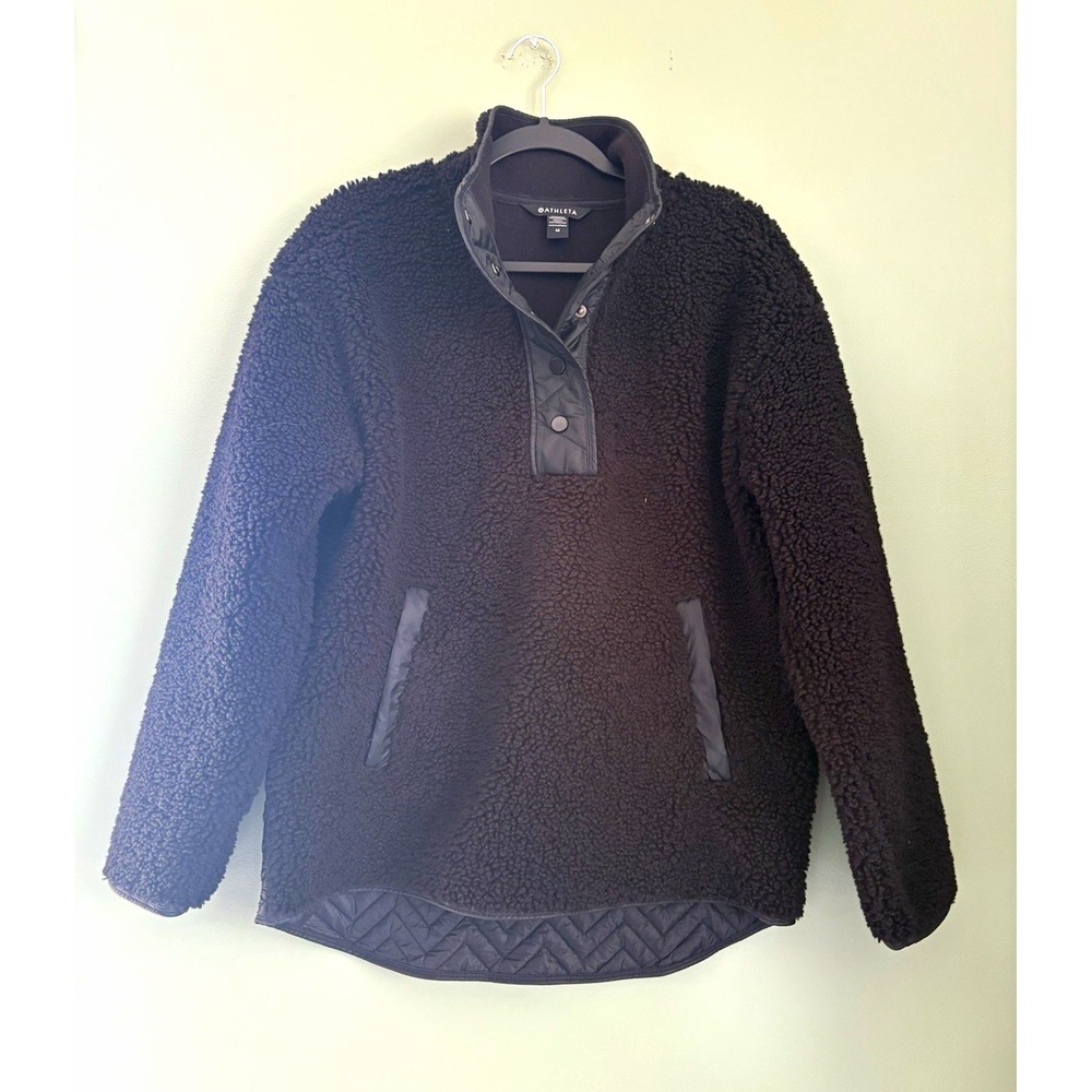 Athleta Cozy Sherpa Fleece Snap Pullover Jacket Pockets Black Women's M